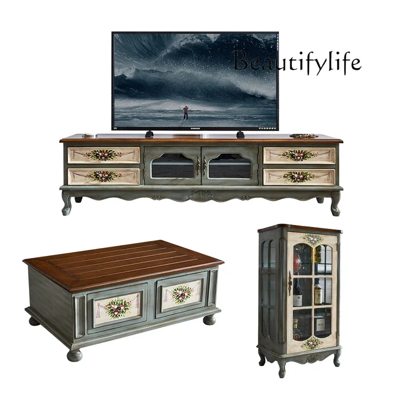 M TV Cabinet Combination Solid Wood Wine Cabinet Living Room Furniture Complete Set Small Apartment Coffee Table Floor Cabinet