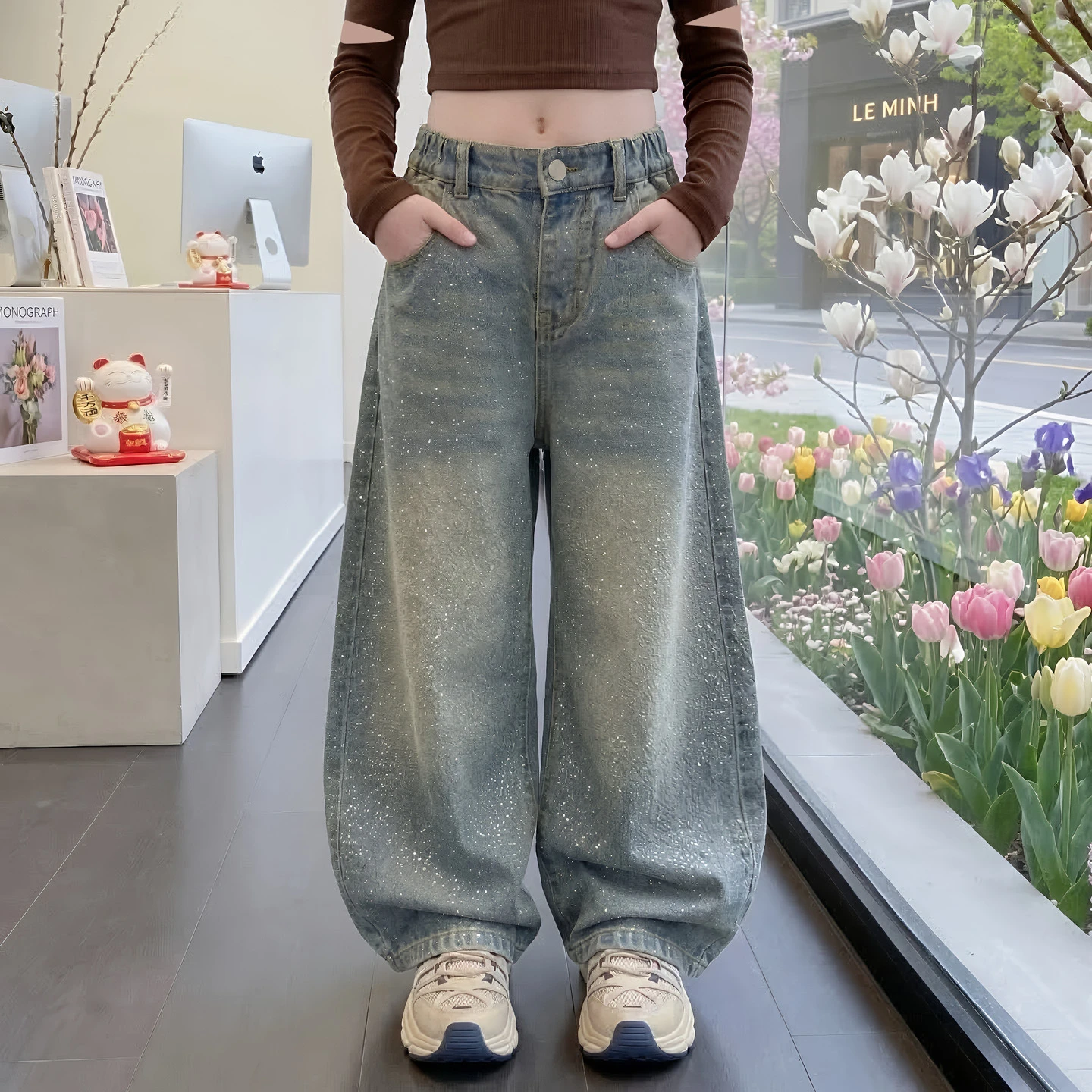 2026 Spring New Starry Sky Rhinestone Wide-Leg Jeans High-Waisted Loose Slimming Straight-Leg Long Pants Floor-Length Trousers