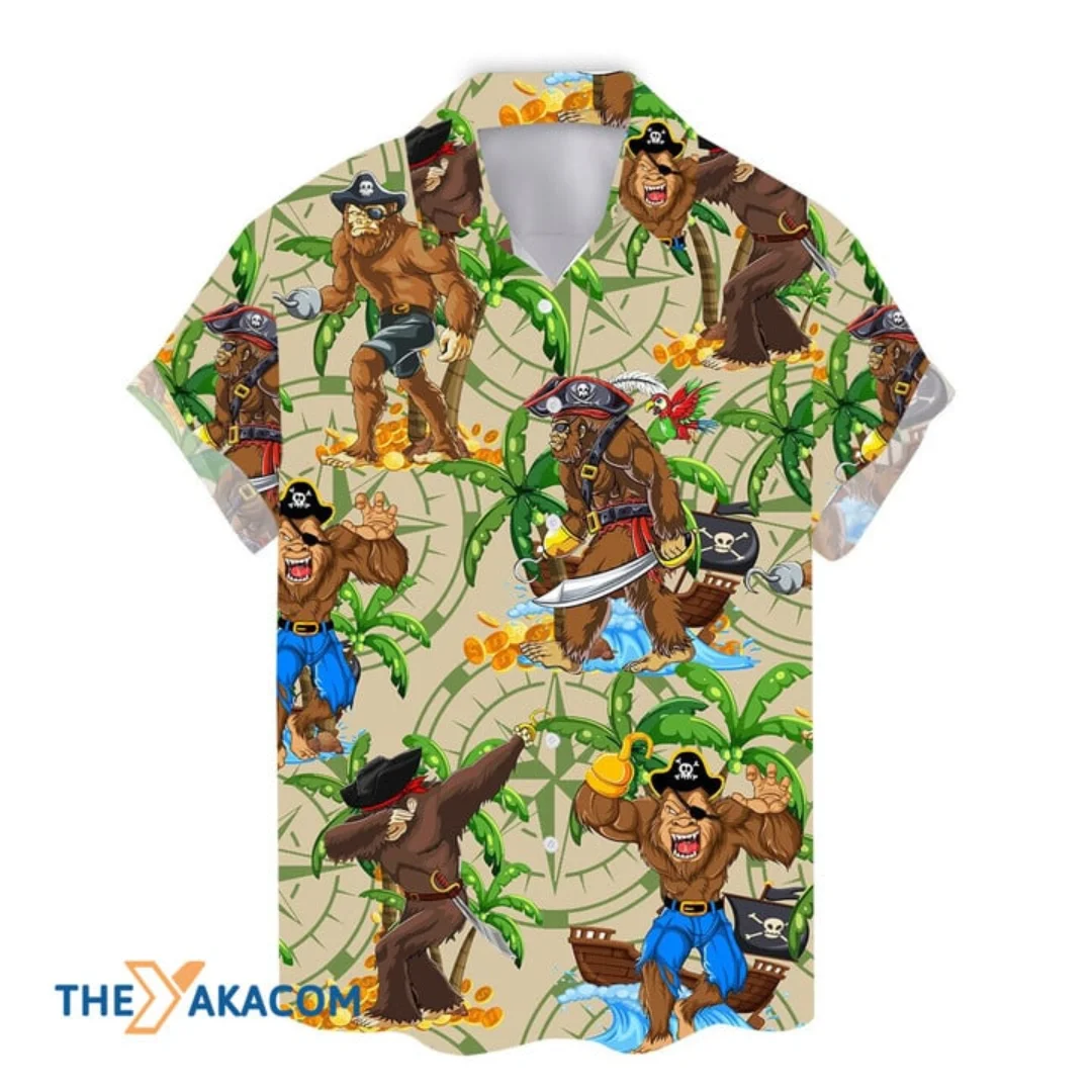 Bigfoot Pirate Hawaiian Shirts for Men Women, Tropical Summer Aloha Casual Shirts Button Down Short Sleeve, Sasquatch Shirt