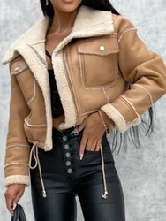 Fashion Women's Faux Leather Jacket Cropped Tops Fleece Winter Warm Vintage Long Sleeve Coat Lapel Zip Up Outwear with Pockets