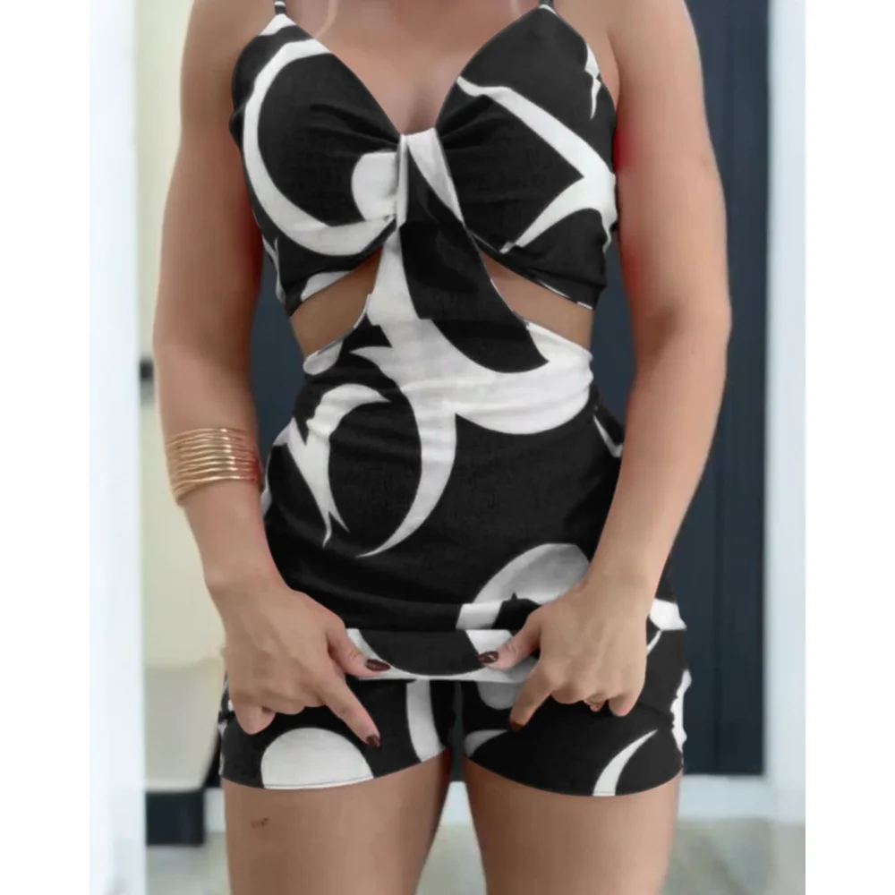 Floral Print Bowknot Decor Spaghetti Strap Skort Romper Casual Hollow-out Slim Fit Jumpsuit