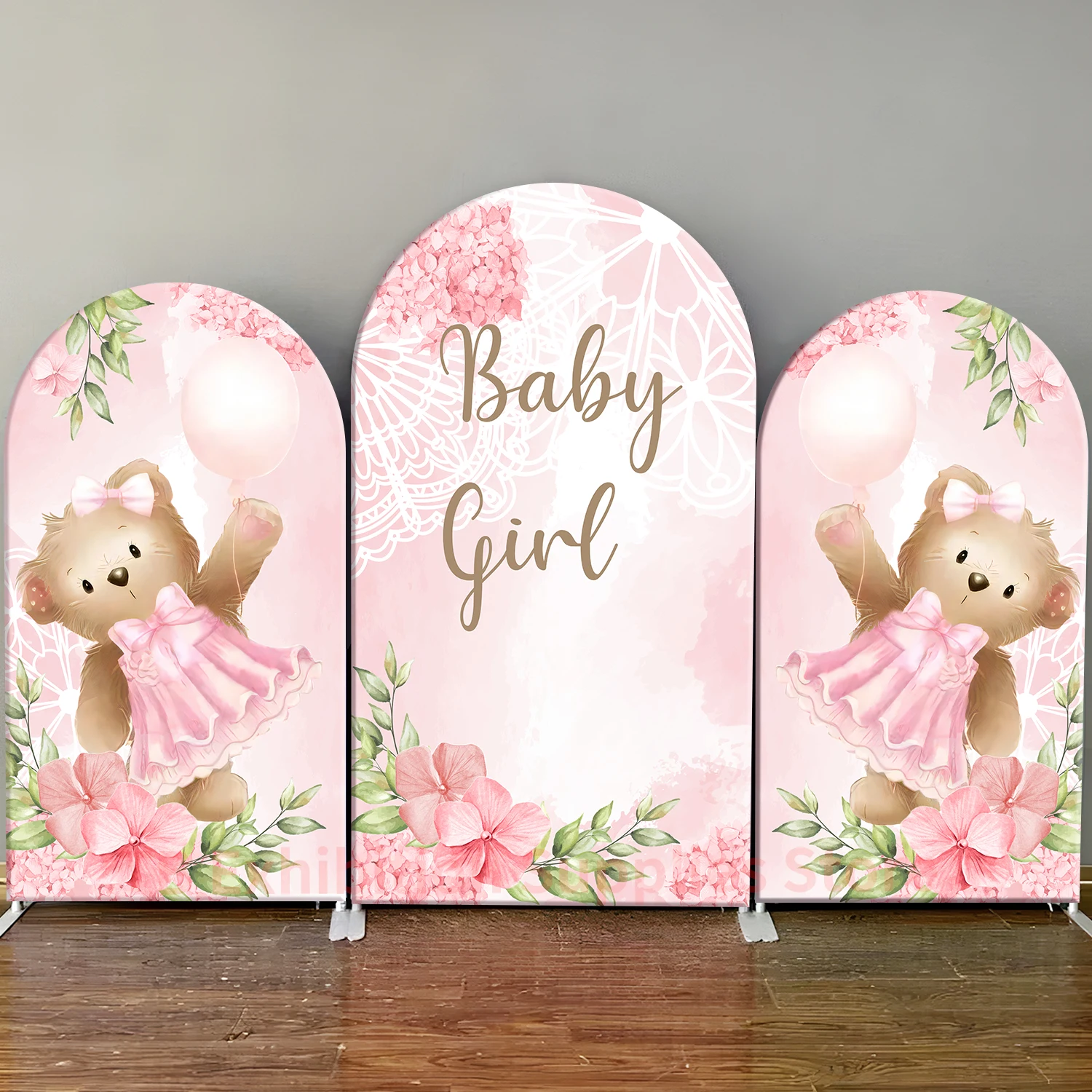 

Baby Girl Shower Arch Backdrop Cover Pink Flower Bear Girl Birthday Party Background for Baby Baptism Photography Elastic Fabric