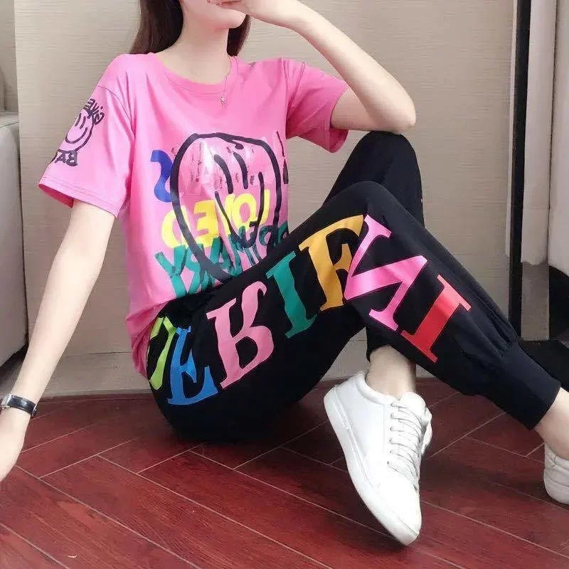 

Women's Sports Suit 2025 Spring Summer New Fashion Loose Short Sleeve Top and Pants 2 Two Piece Set Casual T-shirt Korean Outfit