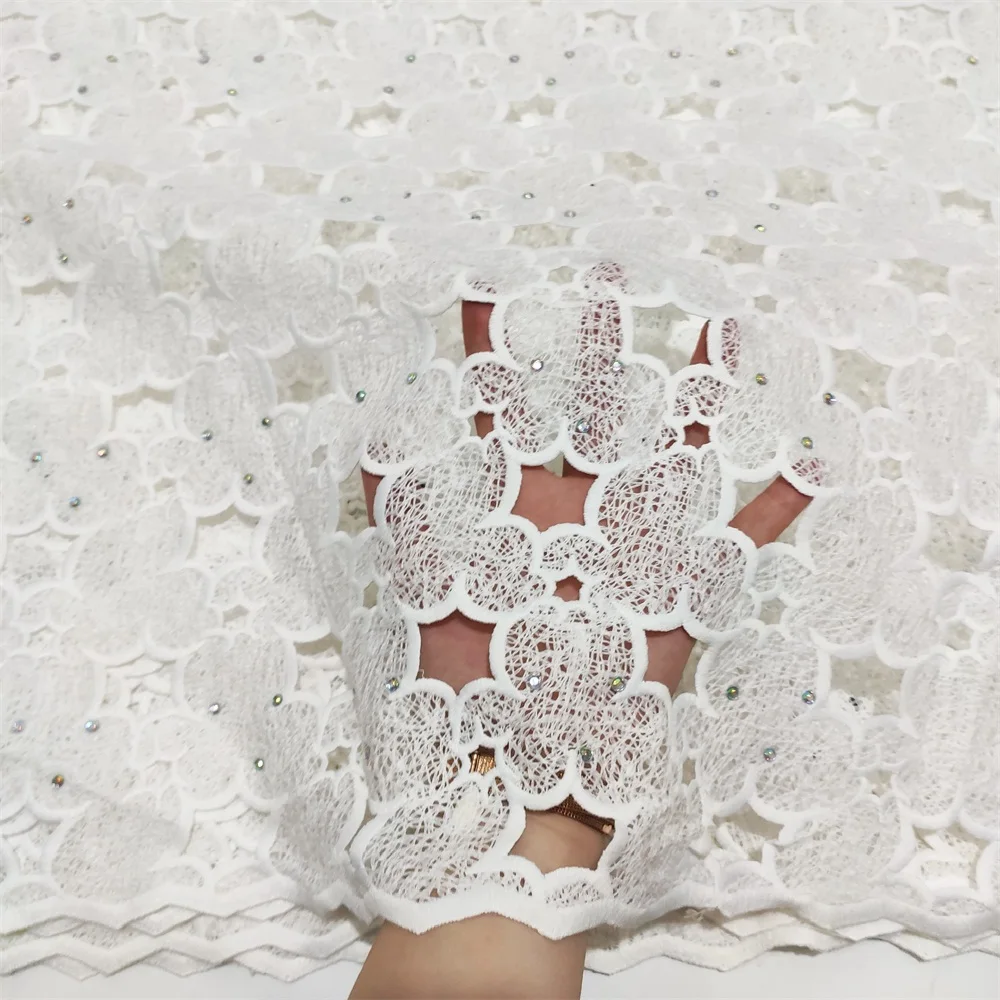 White Latest French African Swiss Lace Fabric Soft Nigerian Guipure Cord Milk Silk Lace Fabric With Stones For Wedding Dress