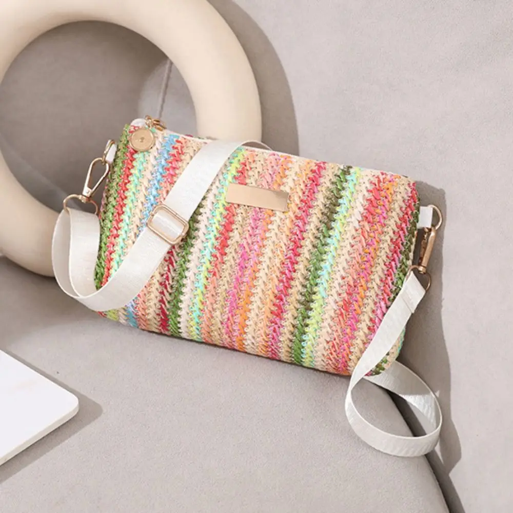 Fashion Colorful Rainbow Woven Bag Travel Organizer Portable Girls Shoulder Bag Adjustable Strap Messenger Bag Casual Outing