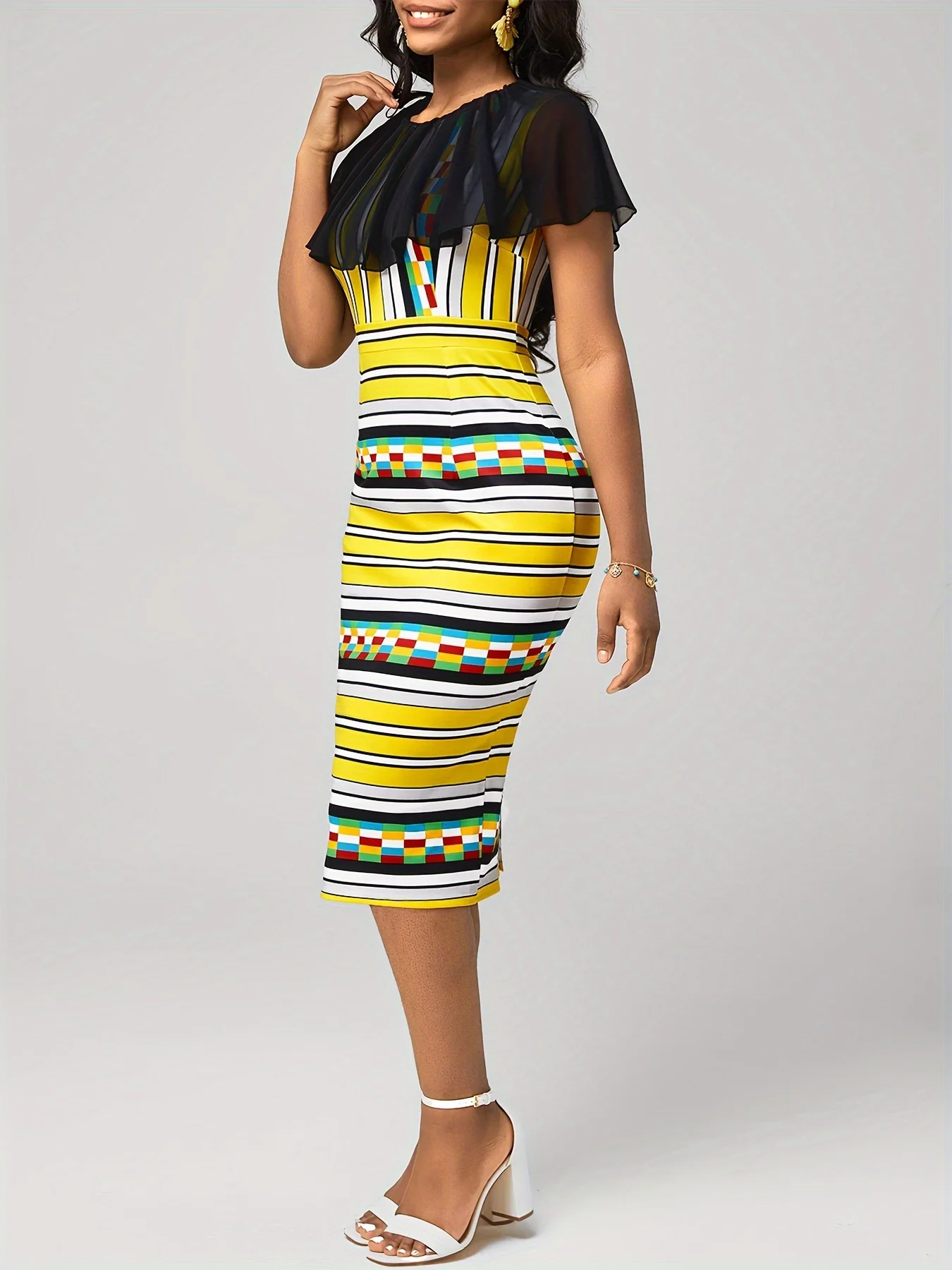 Women Elegant Summer Round Neck Short Sleeve Stripes Print Mesh Work Office Knee Length Dress Bodycon Pencil Skirt view 4