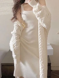 Sweet 2 Piece Dress Set Casual Long Sleeve French Sweater Cardigan + Elegant Strap Dress Beach Style Knitted Suit 2023 Autumn