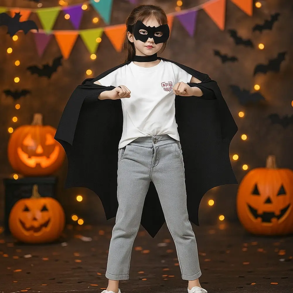 Black Cloak Halloween Bat Cloak Set Trick or Treat Eye Mask Bat Wing Cape Non-woven Children's Party Costume Stage Wear