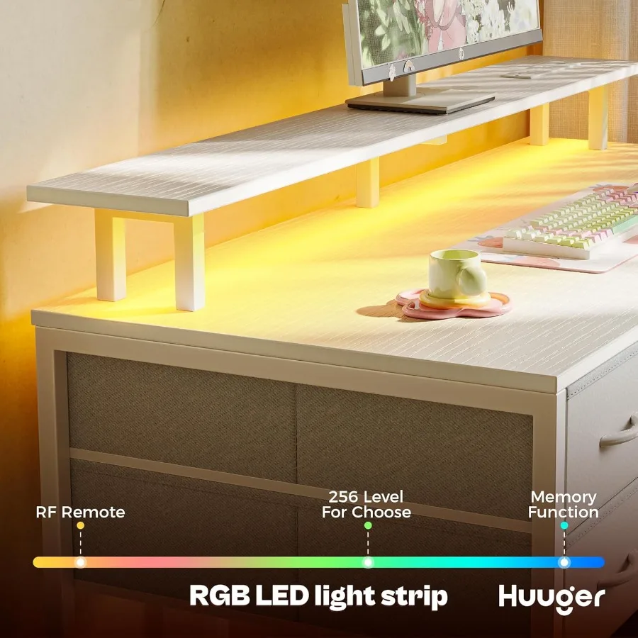 مكتب كمبيوتر مقاس 47 بوصة مع 4 أدراج وأضواء LED، منافذ طاقة مدمجة للمكتب المنزلي أو غرفة النوم، مساحة تخزين كبيرة مثالية #4