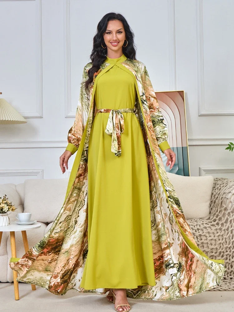 Moroccan Caftan for Women Muslim Suit Ramadan 2 Piece Set Dress Dubai Arabic Long Robe Abayas Kaftan Islam Print Vestidos