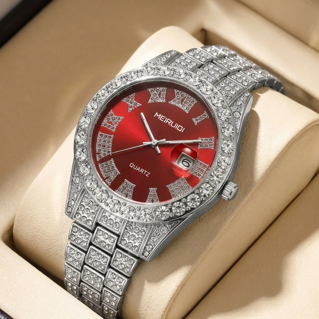 1pc Red Dial Roman Numeral Watch with Shiny Strap, Fashionable and Trendy for Daily Matching, Unisex Style