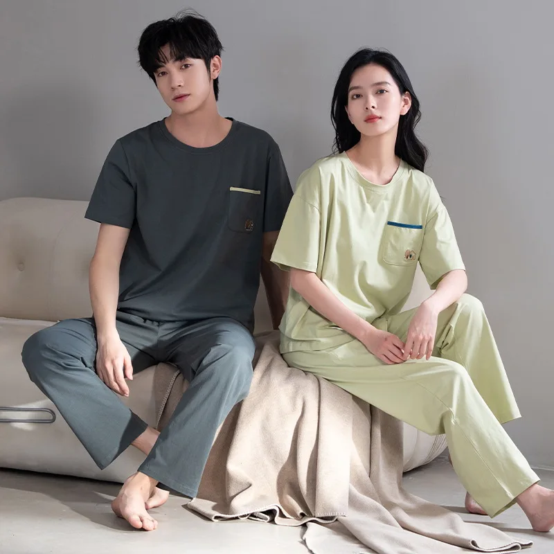 

2024 New Couple Pajamas Spring and Summer Women Cotton Ins Short Sleeve Long Pant Men's Simple Soft Home Wear Set pijama hombre