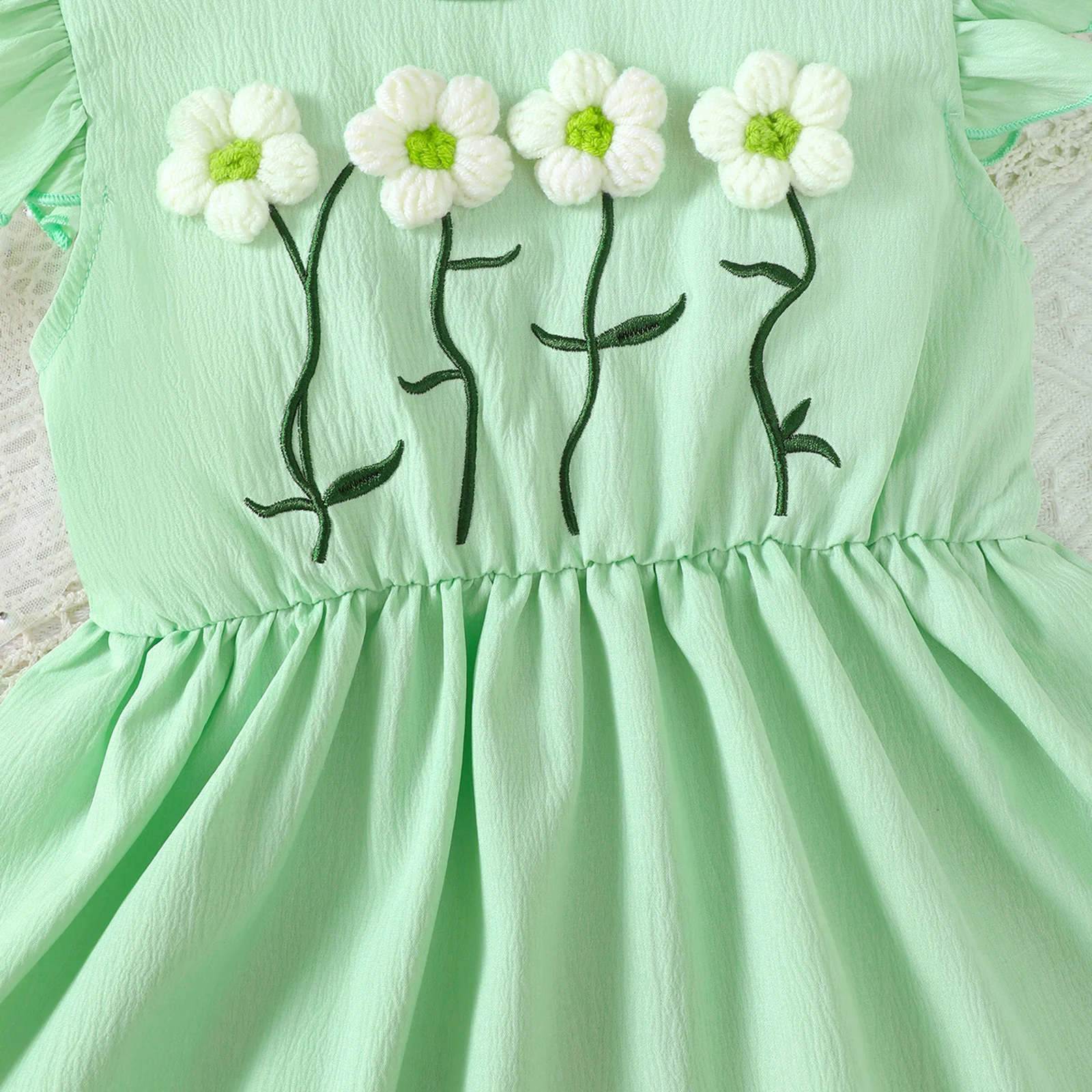 Sommerkleid für Mädchen im Alter von 1-6 Jahren, gestrickter Rock mit kleinen Blumen und Falten, Mini-Tasche, zweiteiliges Set, süßes Kleid im Mädchenstil – Detail 5