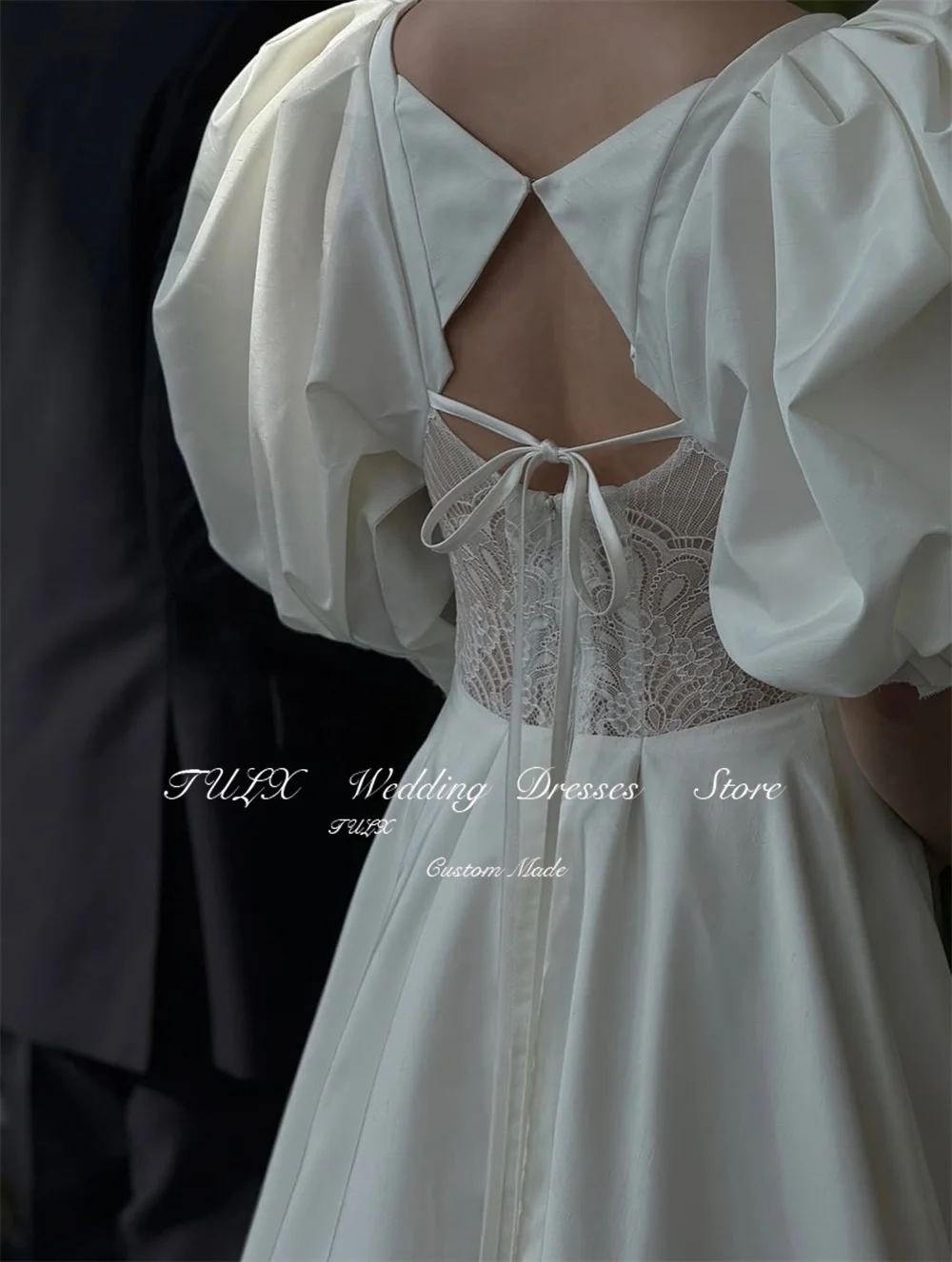 Elegancka suknia ślubna w kształcie litery A, kolor ivory, satyna, Koreański sesja zdjęciowa 웨딩드레스, bufiaste rękawy, długa do podłogi, gorset, możliwość personalizacji.
