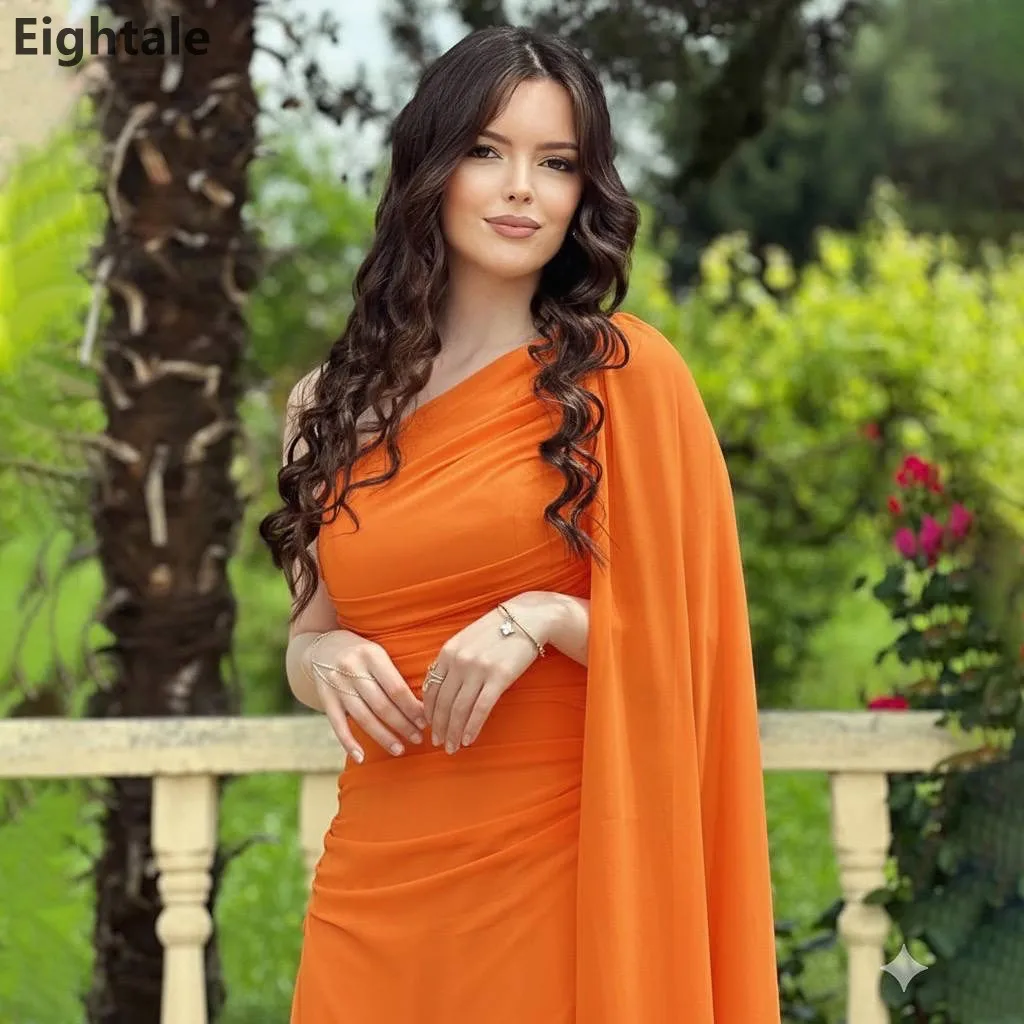 

Eightale 2025 оранжевое шифоновое вечернее платье макси с накидкой и рукавами на одно плечо, платье для выпускного вечера в Саудовской Аравии, вечернее платье в Дубае по индивидуальному заказу