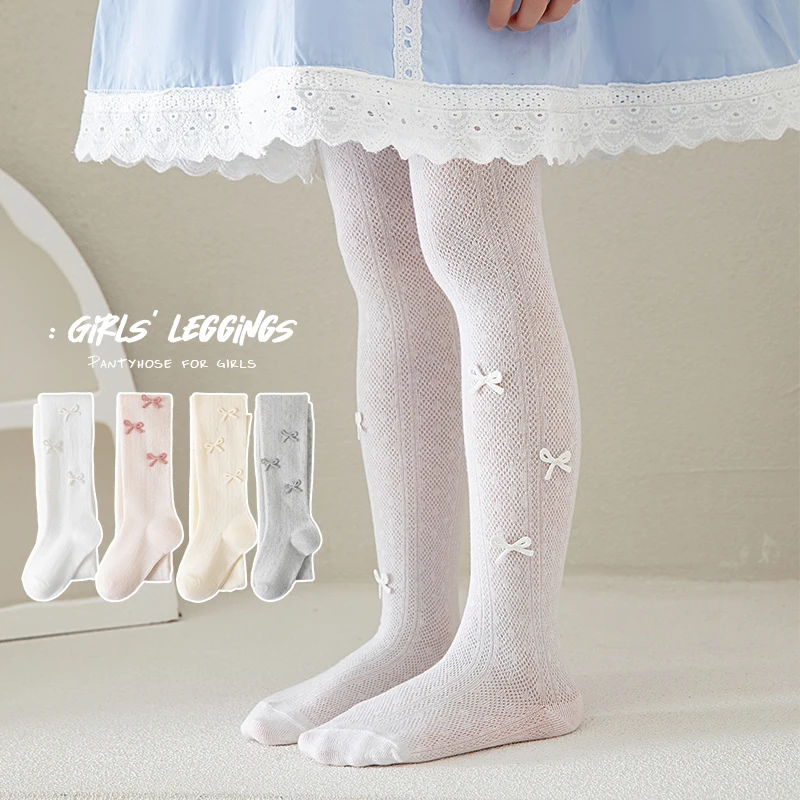 Princess Style Children Summer Tights Multiple Same-tone Bows All Over Exquisite Full-body Bow Craft Ventilated Footed Pantyhose