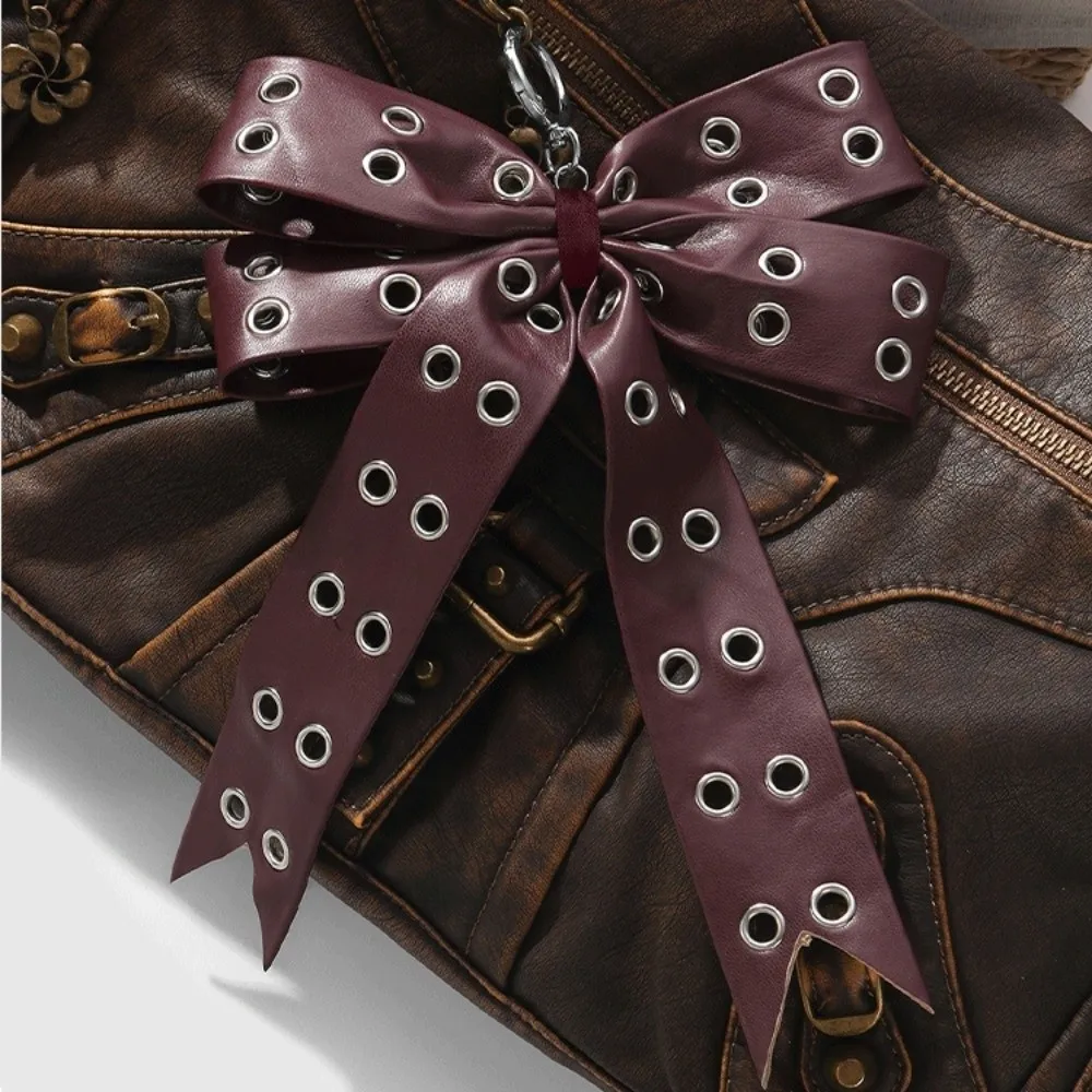 Fashion Star Rivet Bow Keychain PU Leather Ribbon Cross Pendant Punk Leopard Print Y2K Keyring Backpack Decor