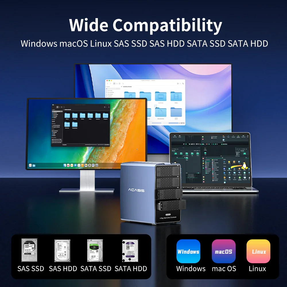 Acasis USB 3.0 4 baias 3,5/2,5 polegadas SATA/SAS HDD/SSD Case 72 TB para armazenamento empresarial