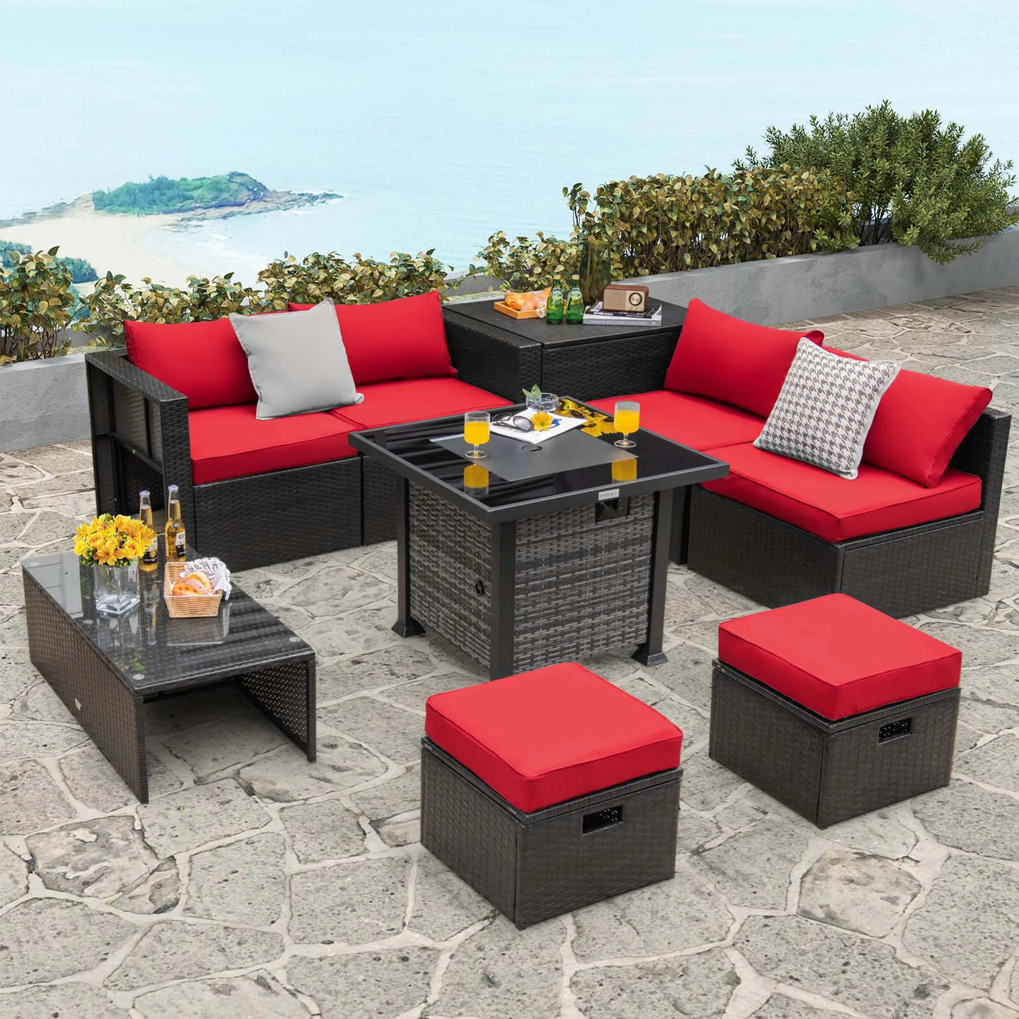 

9 Pieces Patio Furniture Set with 50,000 BTU Propane Fire Pit Table Red