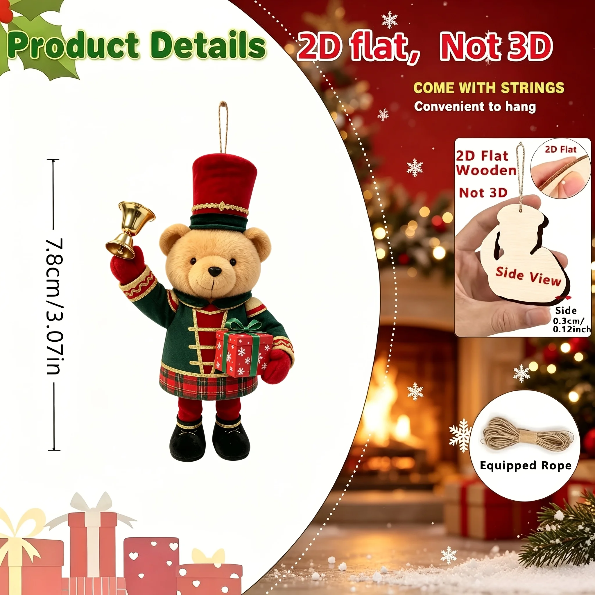 20/10 Stück, zufällig sortierte, flache, handgefertigte Weihnachtsornamente in Bärenform aus Holz, mit verschiedenen Weihnachtsmotiven, geeignet für Bäume, zur Dekoration von Wohnräumen, für Partys und als Weihnachtsge – Detail 6
