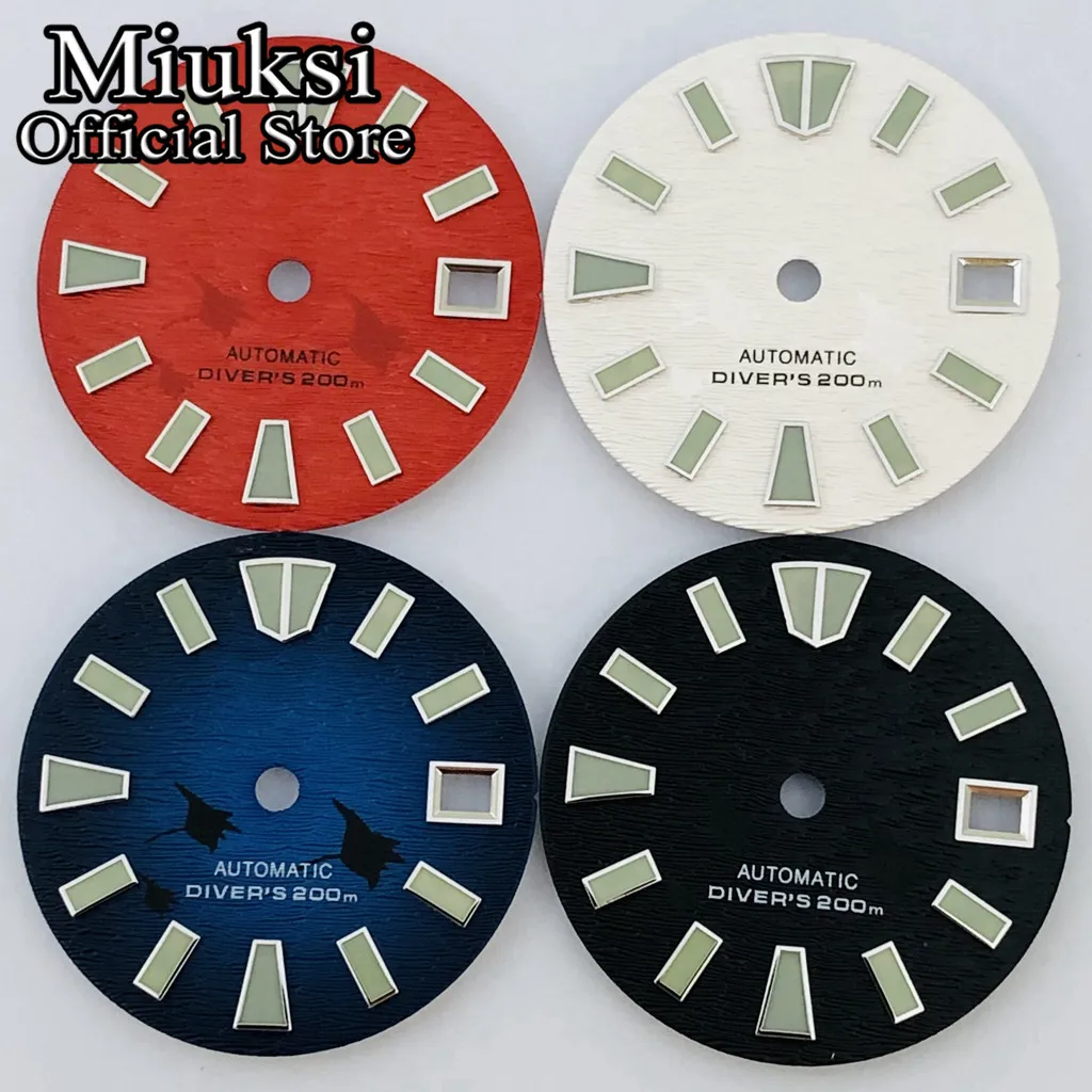 Miuksi 29 mm schwarzes, blaues, grünes, weißes Zifferblatt, grünes Leuchtzifferblatt, passend für NH35-Uhrwerk, passend für 3-Uhr-Krone und 3,8-Uhr-Krone