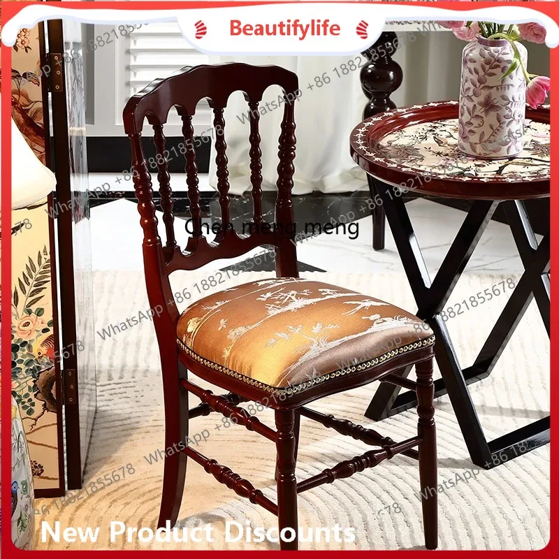 

a38 Средневековый обеденный стул из цельного дерева в стиле ретро без подлокотников, французский повседневный стул из мягкой ткани для домашнего использования