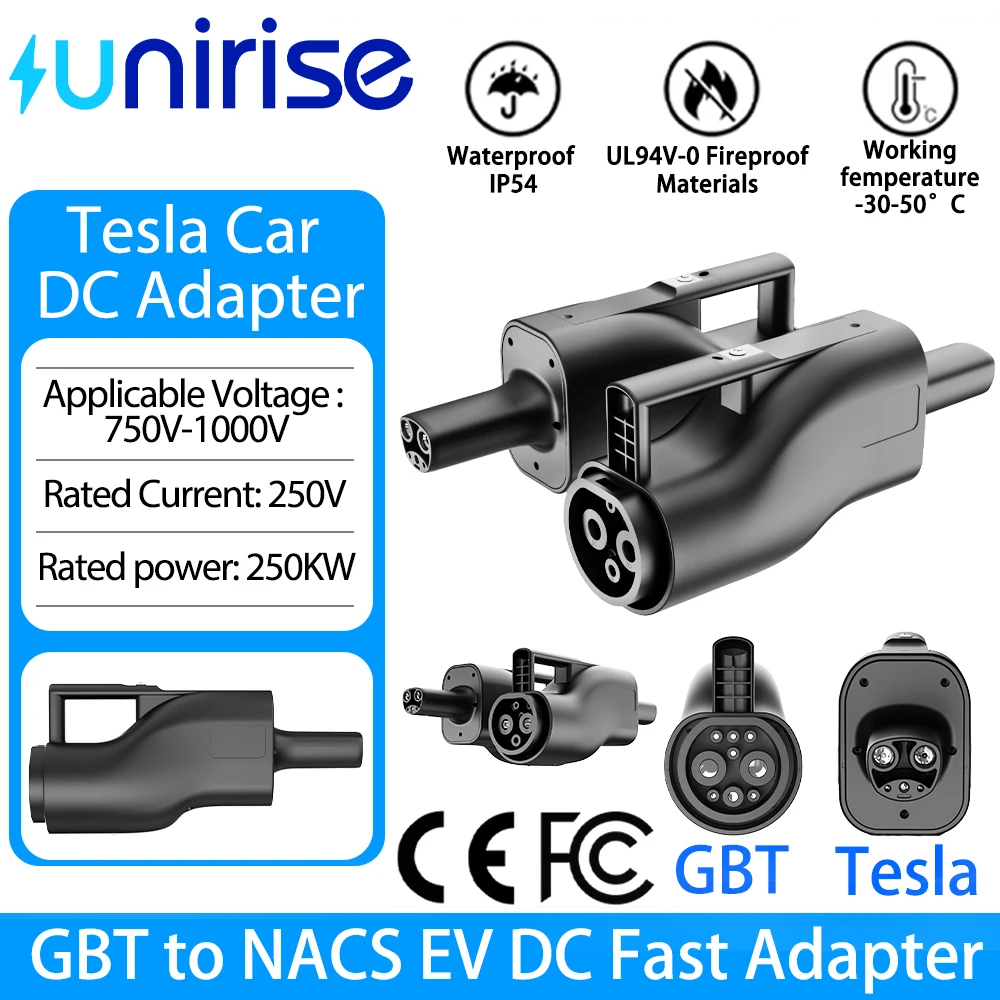 

Unirise GBT to Tesla DC Adapter Charger 250A 1000V 250KW GB/T To NACS For EV Car Tesla Model y/3/x/s Charging Fast Converter