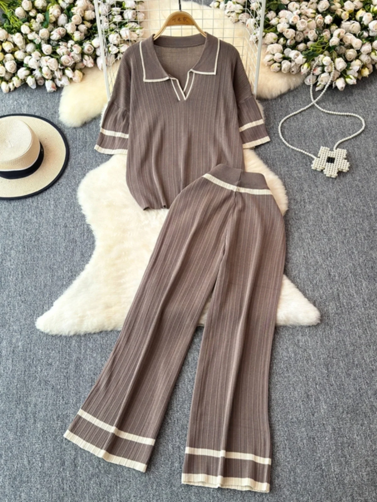 Summer Autumn Knitting Sweater Pants Suits Women Wide Leg Pants Two-piece Set