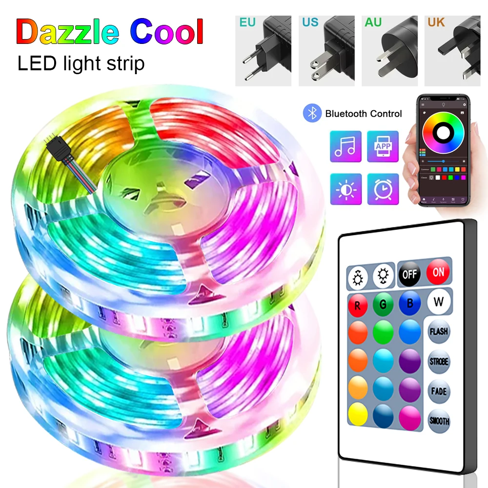 

LED Strip Lights Bluetooth APP Control SMD 5050 RGB Flexible Led Tape Diode Ribbon IR 24key Controller DC Adapter Set Decoration