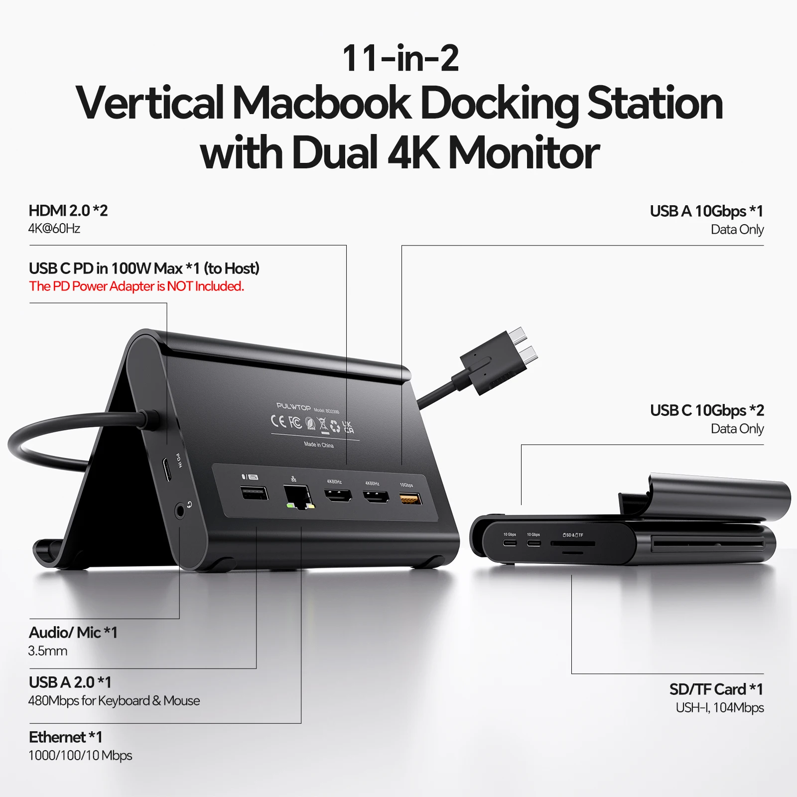 PULWTOP MacBook Docking Station with 2X 4K@60Hz HDMI, 100W PD, RJ45, USB C 10Gbps, SD/TF, Audio, for MacBook Pro/Air M4/M5