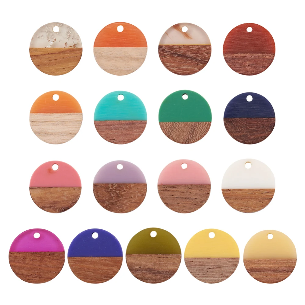 50pcs Flat Round Resin & Walnut Wood Pendants Waxed with Foil Mixed Color Charms Earrings Jewelry DIY Making Components