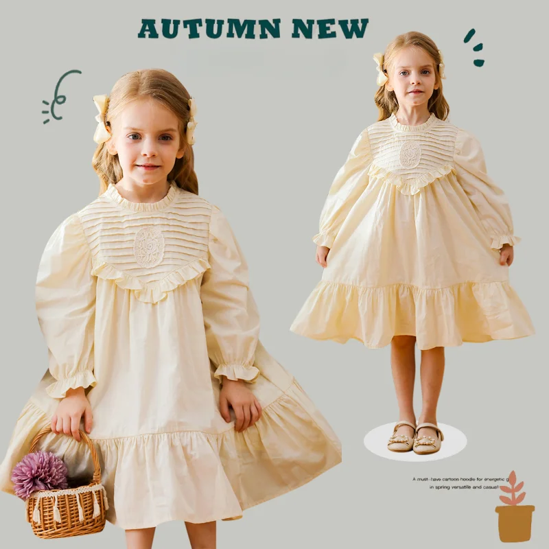 French Stand Collar Pleated Girls Dress Autumn New Long Sleeve Ruffled Edge  The Sweet Princess Dress 2 3 4 5 6 7 8 years old