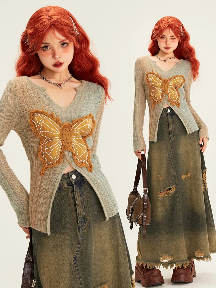 

Ретро лоскутный трикотаж V-Ne, облегающий женский осенний свитер, удобный дышащий длинный свитер из смеси хлопка