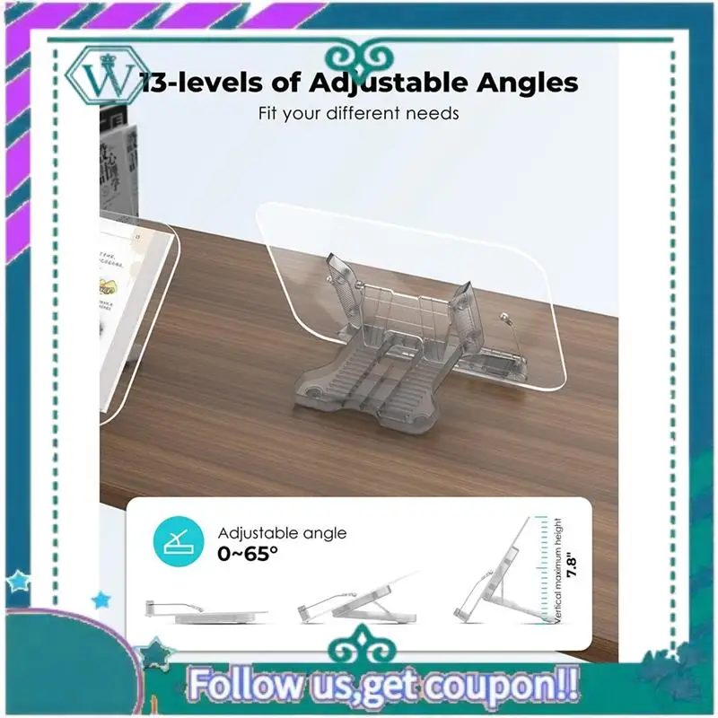

Cookbook Holder Levels Angle Adjustable Acrylic Book Stand For Reading, Foldable & Portable For Office