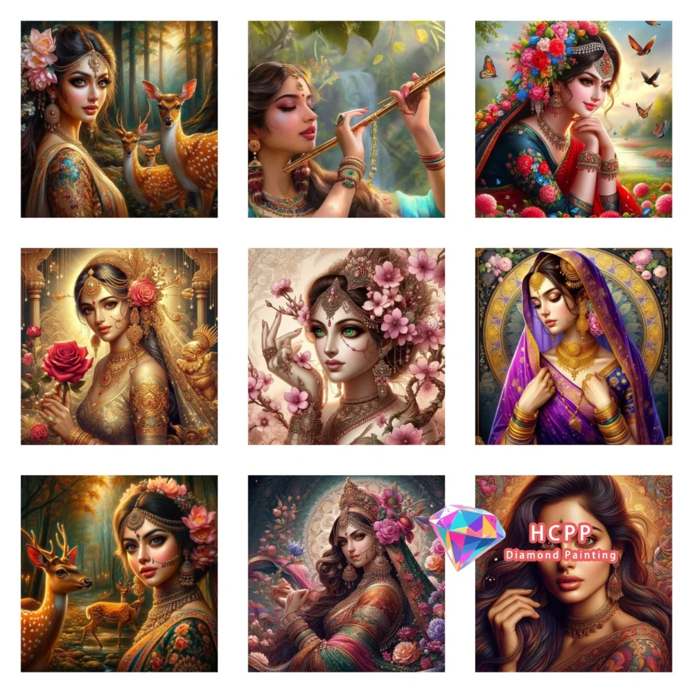 Indische Frau Diamant-Malerei-Set Quadratische Runde Diamanten 5D DIY Mosaik Kreuz-Stickerei Handgemachte Kunst Einzigartiges Geschenk für Erwachsene Heimdekoration