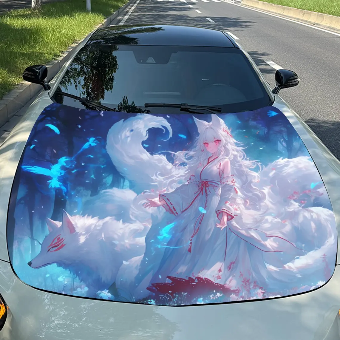 Blue Flame Spirit Fox Enchantress Car Vinyl Wrap, PVC Material Waterproof Car Hood Sticker, Self-Adhesive Scratch-Resistant Stic