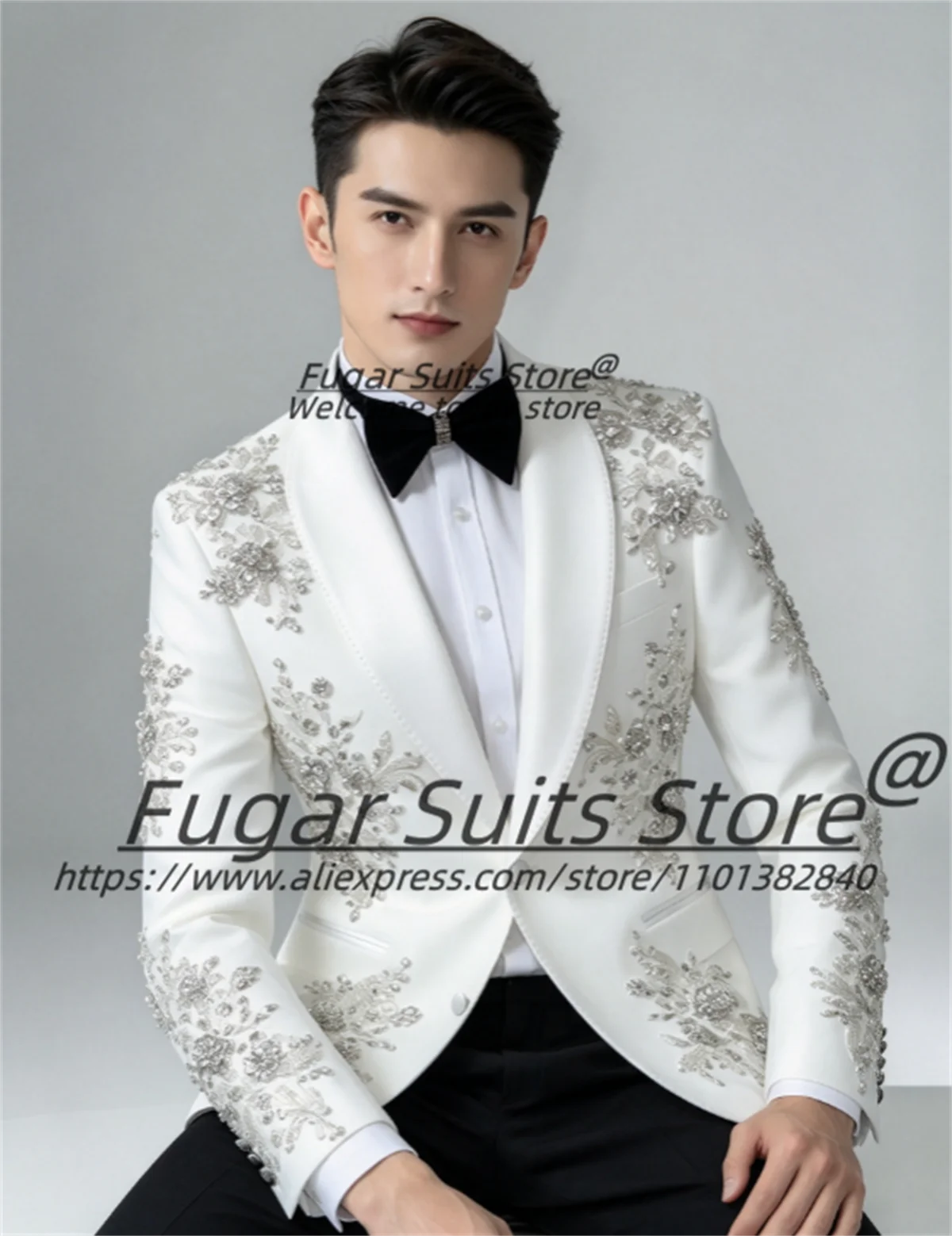 Fashion White Men Suits Shiny Silver Rhinestone Embroidery Shawl Lapel Groom Wedding Tuxedos 2 Pieces Sets Costume Homme