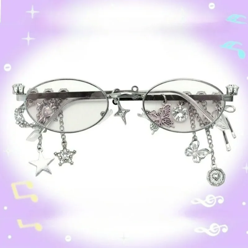 

Crystal Tassels Glasses Women Small Oval Frame Personalized Sweet Cool Spicy Girls Charms Pendant Anti Blue Light Eyeglasses