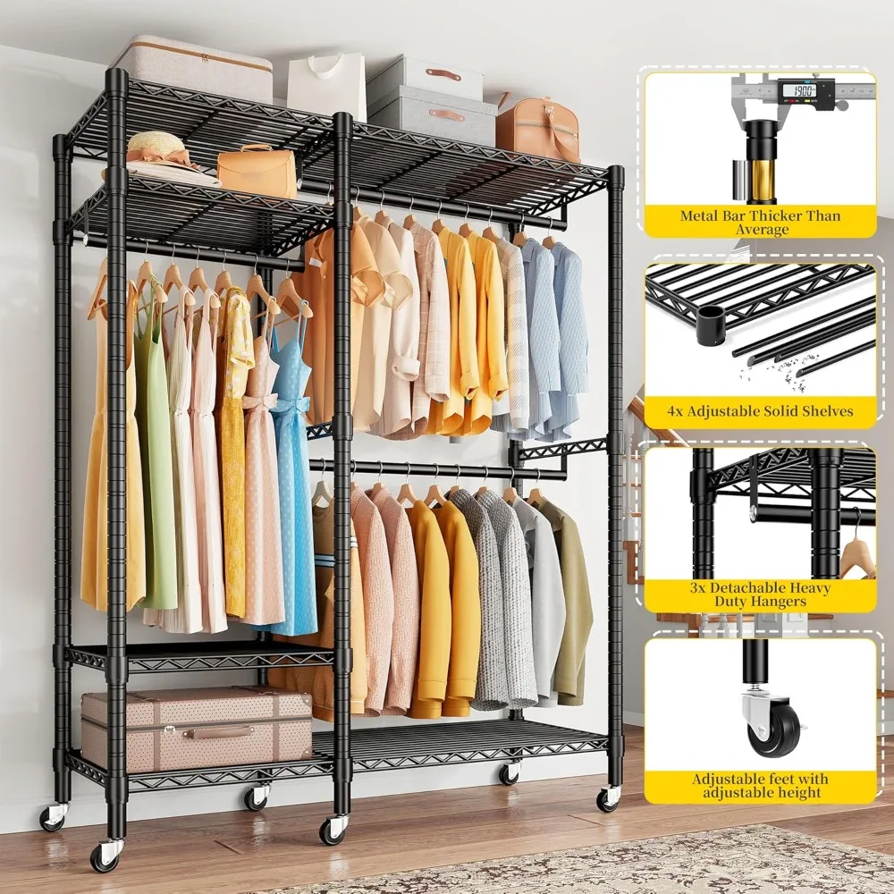 

79" H Clothes Rack Heavy Duty with Wheels, Clothing Rack for Hanging Clothes Rolling Portable Garment Rack,45" Wx17 Dx79 H,Black