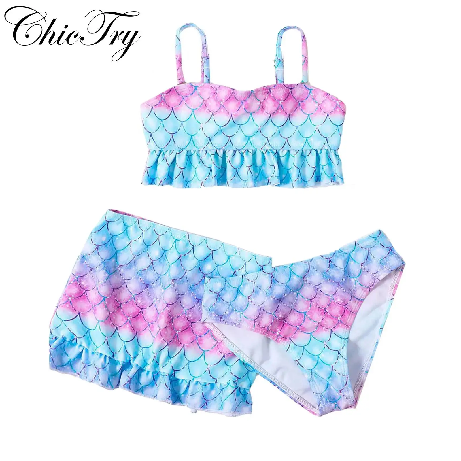 3Pcs Swimsuit Kids Girls Swimwear Sets Fish Scales Print Mermaid Ruffle Swim Briefs and Cover Up Skirt Beachwear Bikini Suits