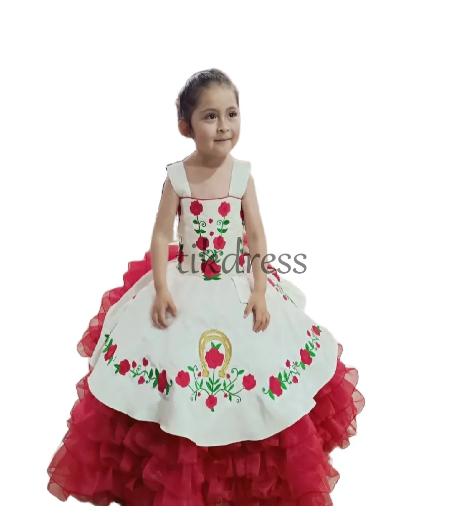 Organza Puff Mexicain Fleur Filles Robe 2025 Escaramuza Charra Broderie Filles Robe D'anniversaire Volants Pageant PartyCustomize