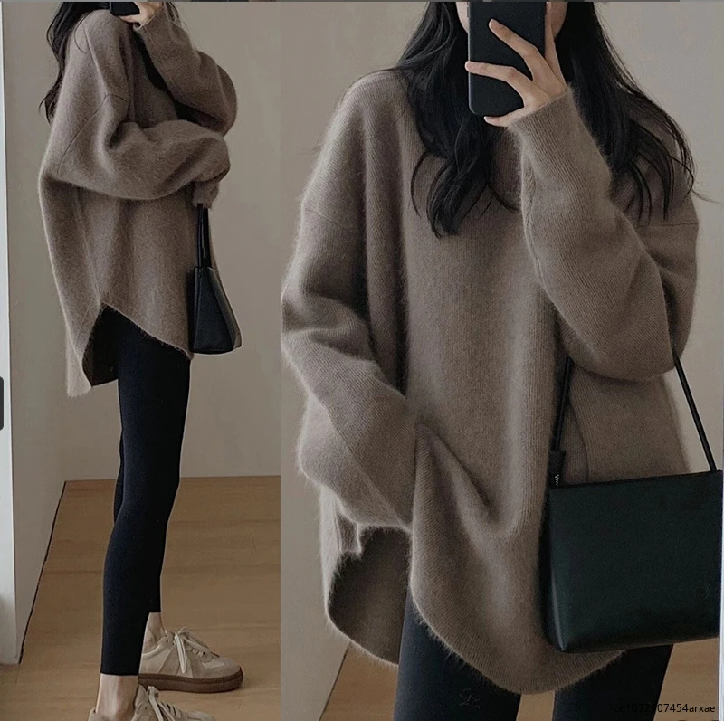 

Loose Fluffy Sweater Women 2024 Autumn O-neck Long Sleeve Soild Female Knit Pullover Fashion Curved Hem Lady Knitwear