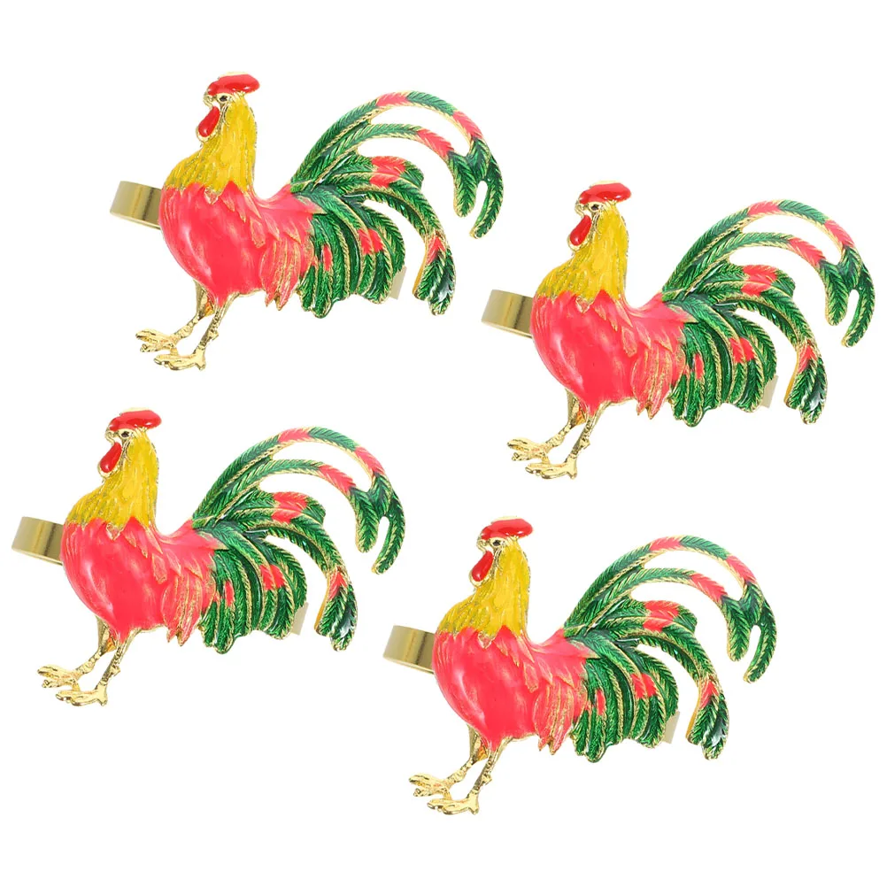 

4 Pcs Rooster Napkin Rings Metal Alloy Chicken Holders Enamel Coating Vibrant Design Table Decor Kitchen Bar Accessories