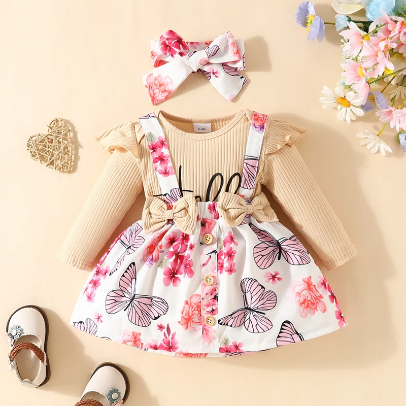 0-18M Infant Baby Girls Fashion Clothes Sets Letter Print Long Sleeve Romper with Flower Print Suspender Skirt and Bow Headband