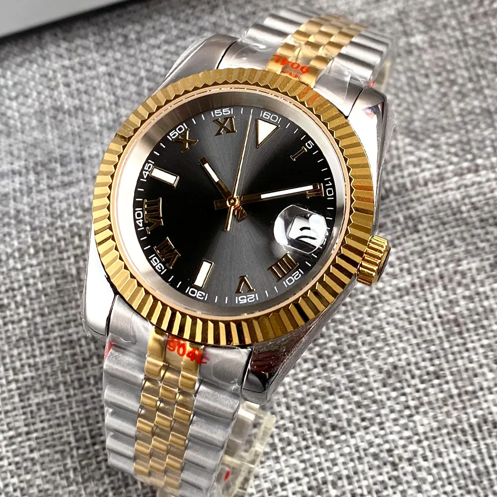 Imagem -03 - Bliger 36 mm 39 mm Fluted Bezel Nh35a Relógio Automático de Dois Tons Ouro Números Romanos Cinza Dial Jubileu Pulseira Vidro Safira