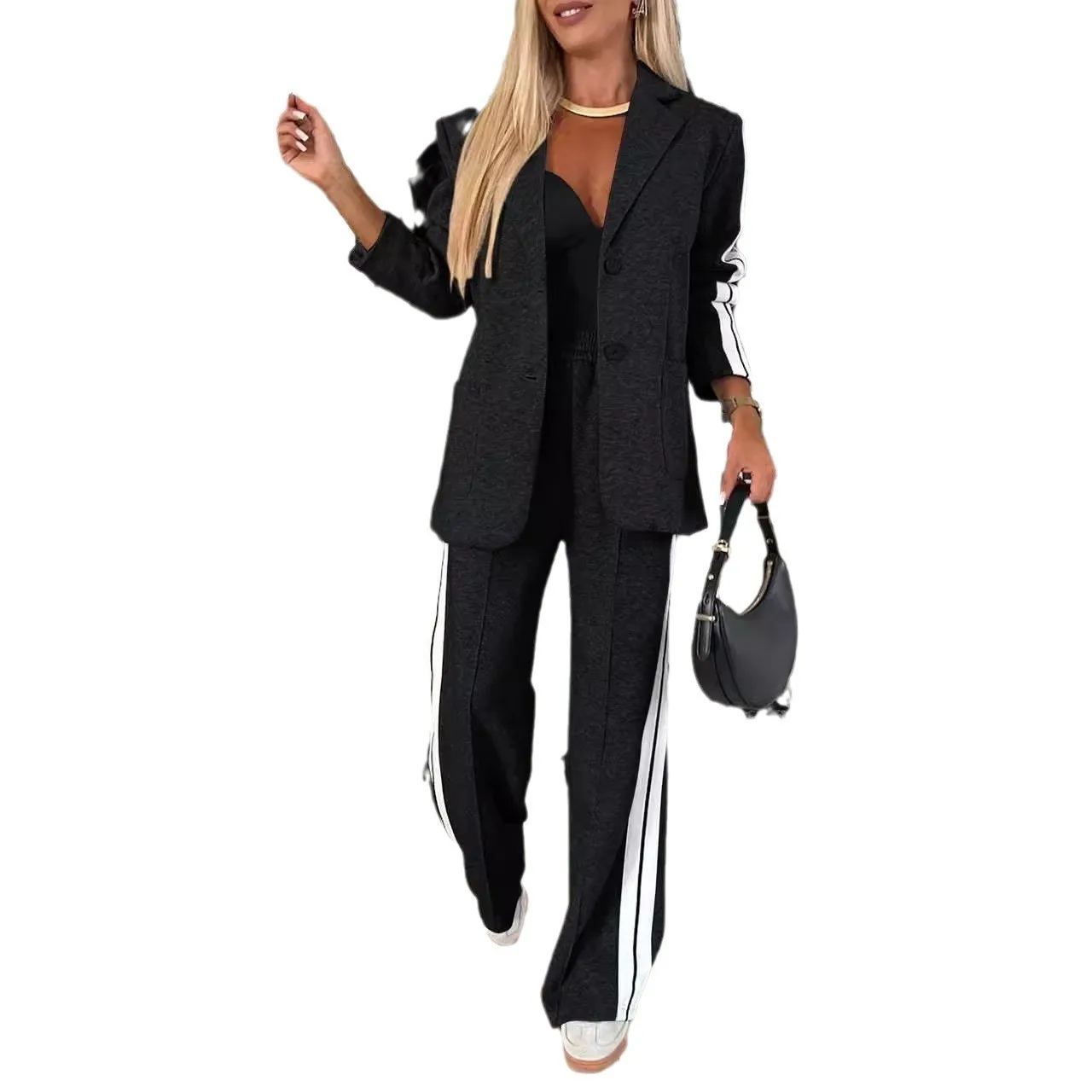 Casual Long Sleeve Set with Full Length Pants Elegant Commuter Cardigan Top Autumn Patchwork Striped Plaid Pattern Women Suit