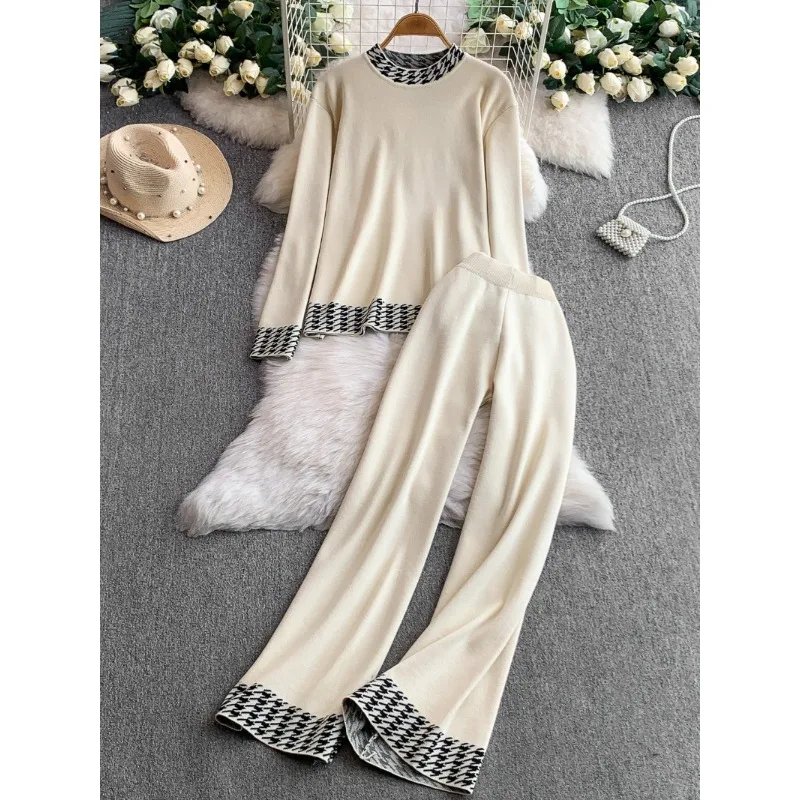 

Модные брючные костюмы, женские осенние повседневные вязаные свитера с вышивкой и круглым вырезом, топы с высокой талией, тонкие широкие брюки, женские комплект из 2 предметов