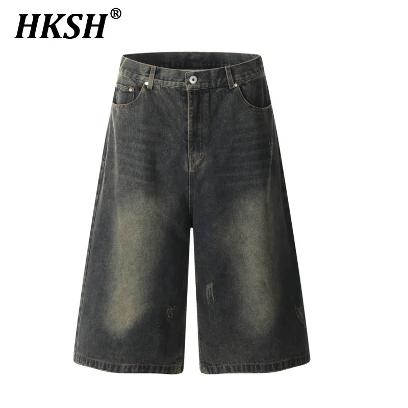 

HKSH Summer New Men Tide American Style Frayed Denim pants Capris Jeans Washed Loose Streetwear Trendy Brand Straight Ins HK5770