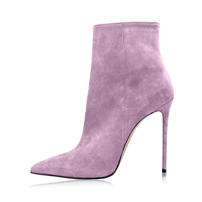 Arden Furtado 2025 Autumn Cow suede Pointed toe Thin heels Side zipper Super high heel Modern boots Extra large size Short boots