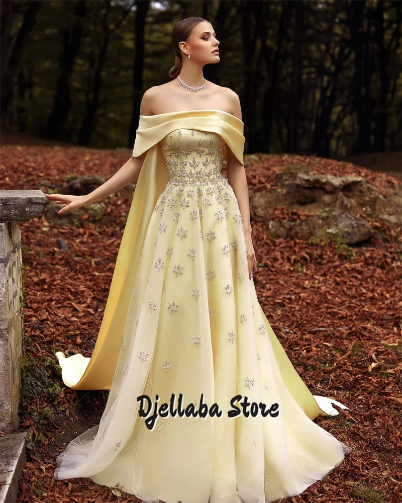 

Luxury Yellow Tulle Beaded Saudi Arabia Evening Dress With Cape Off Shoulder For Arabic Women Wedding Party Gowns Customized
